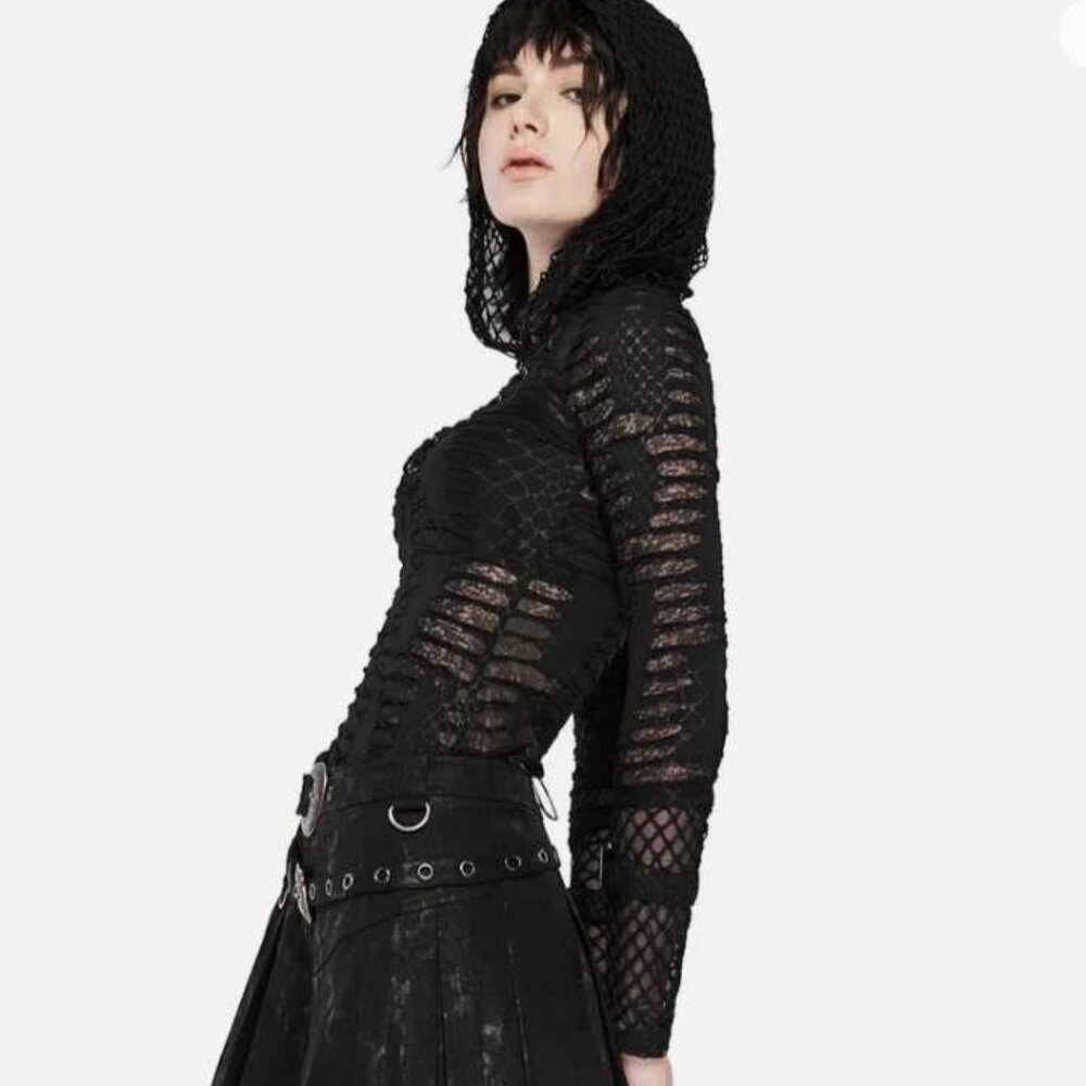 Black Mesh Hooded Women's Top - Picture 6 of 12